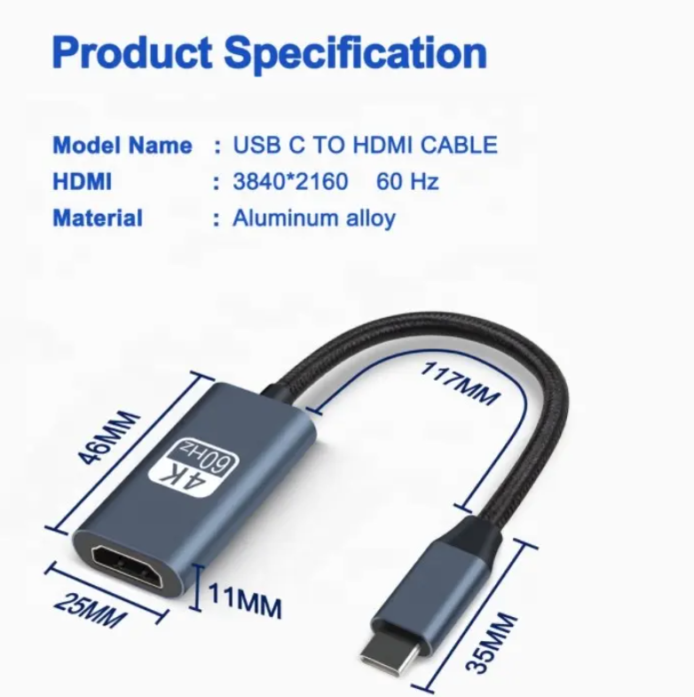 Type C to HDMI Adapter Cable 4K 60Hz