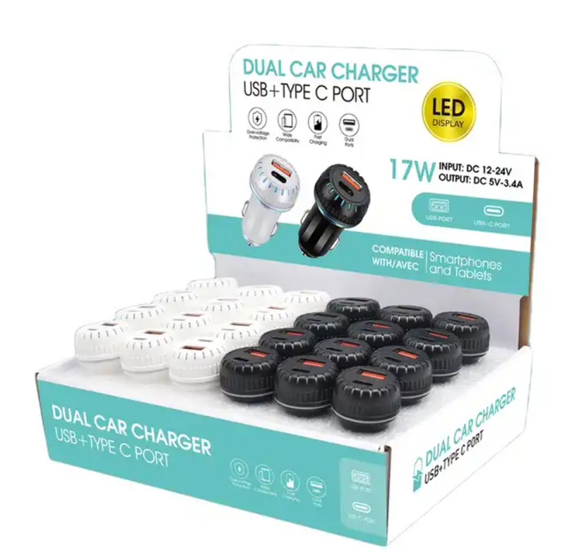 USB-A/Type-C Fast Car Charger with Display - 24 Pcs