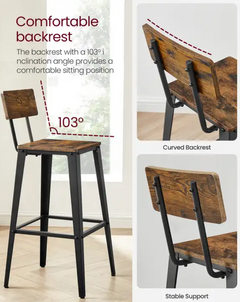 Bar Stools with Backrests Set of 2 - Rustic Brown Vasagle