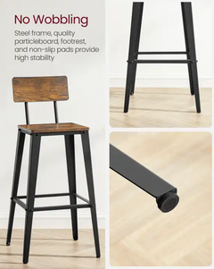 Bar Stools with Backrests Set of 2 - Rustic Brown Vasagle
