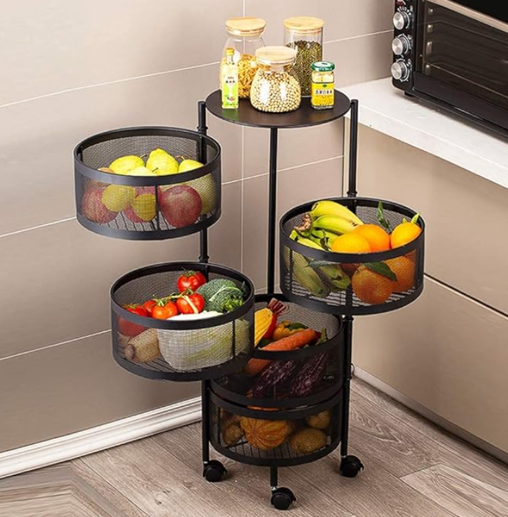 Five-Layer Round Rotating Storage Shelf Vegetable- Black