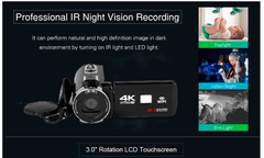 4K Digital Video Camera with 3.0'' LCD Full HD Display with mic Camcorder