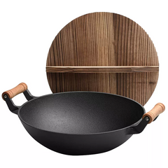 Household Cast Iron Wok Large With Wooden Handle
