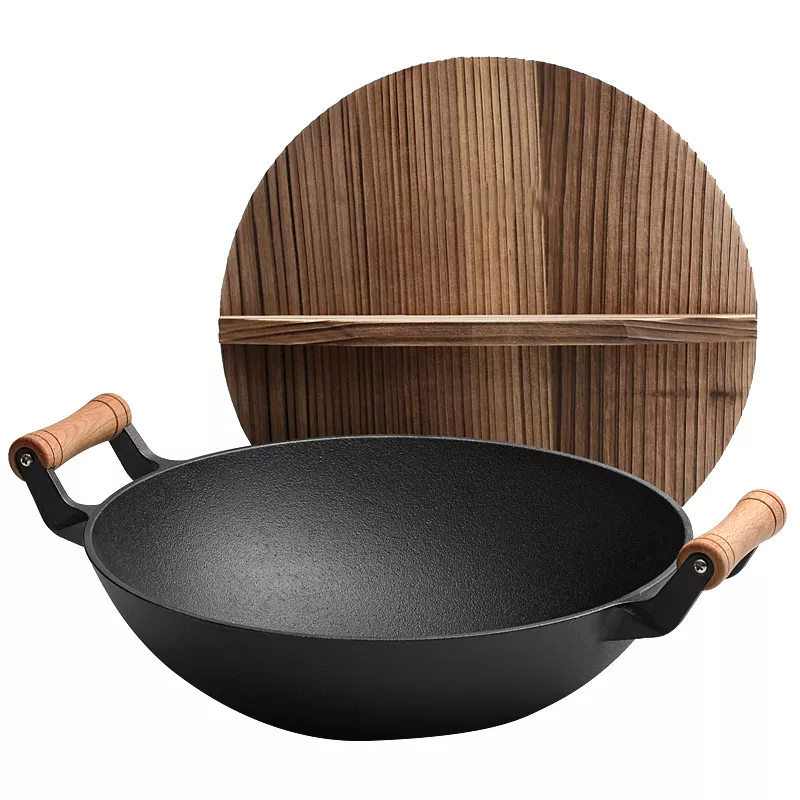 Household Cast Iron Wok Large With Wooden Handle
